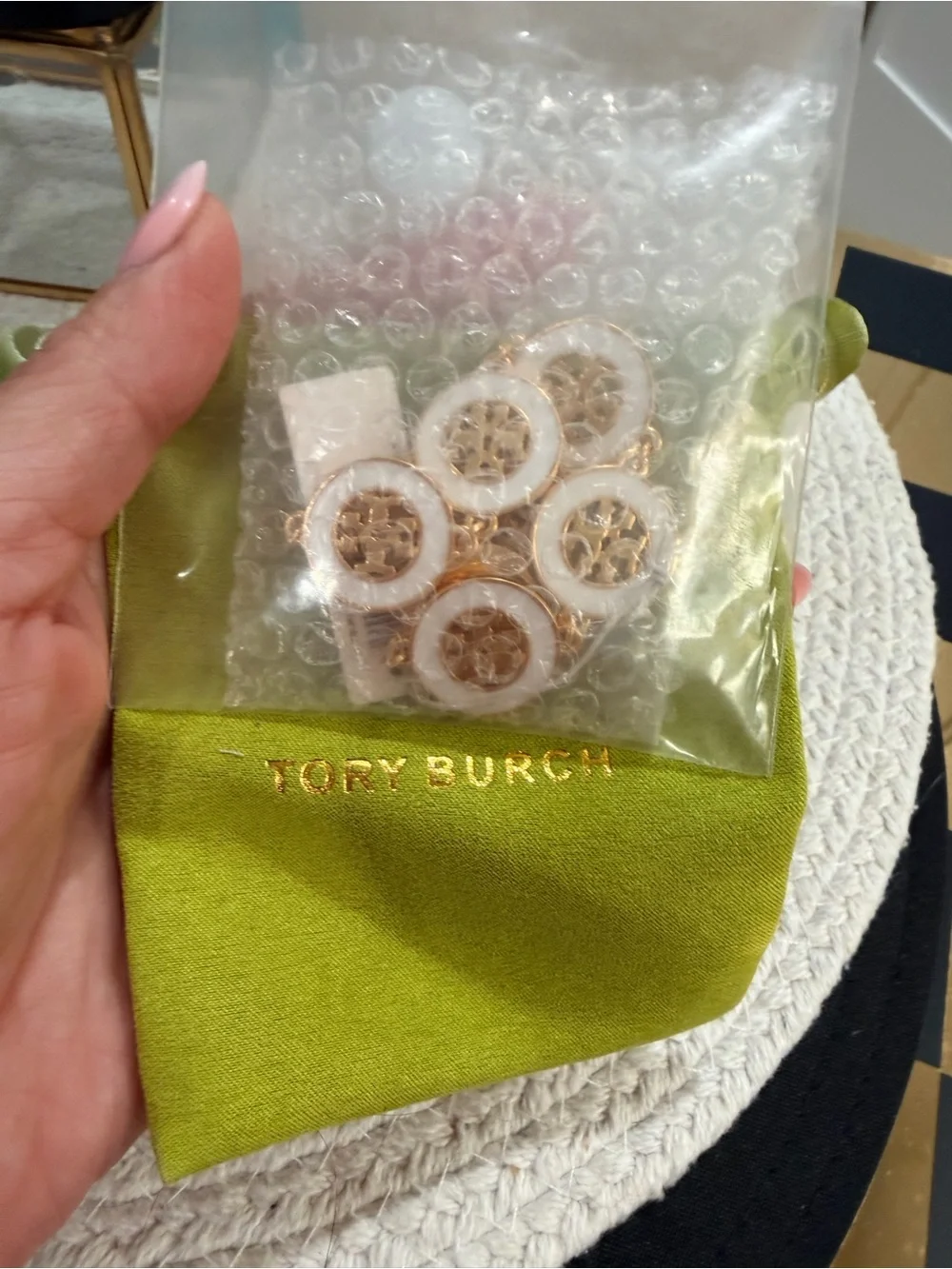 Tory Burch White Enamel Gold Hollow Round Bracelet | New with dust bag